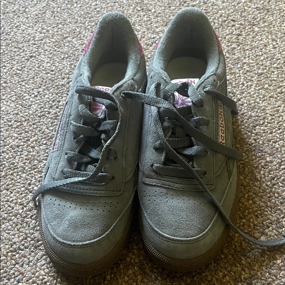 Reebok Olive Green Suede Low-Top Sneakers with Pink Details